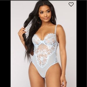 Fashion Nova Lace Bodysuit - Baby Blue